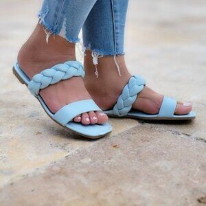 Blue Two Band Braided Flat Sandals